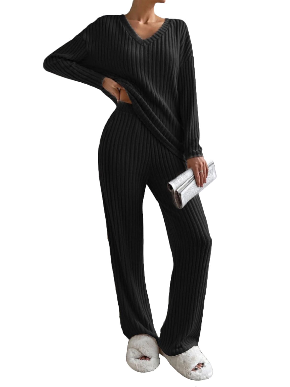 Tuta Donna 2 Pezzi Set Maniche Lunghe con Scollo a V e Pantaloni a Gamba Larga con Tasche Casual Completo Sportiva Set Pigiama a Costine Tuta da Ginnastica,da Jogging,da Casa