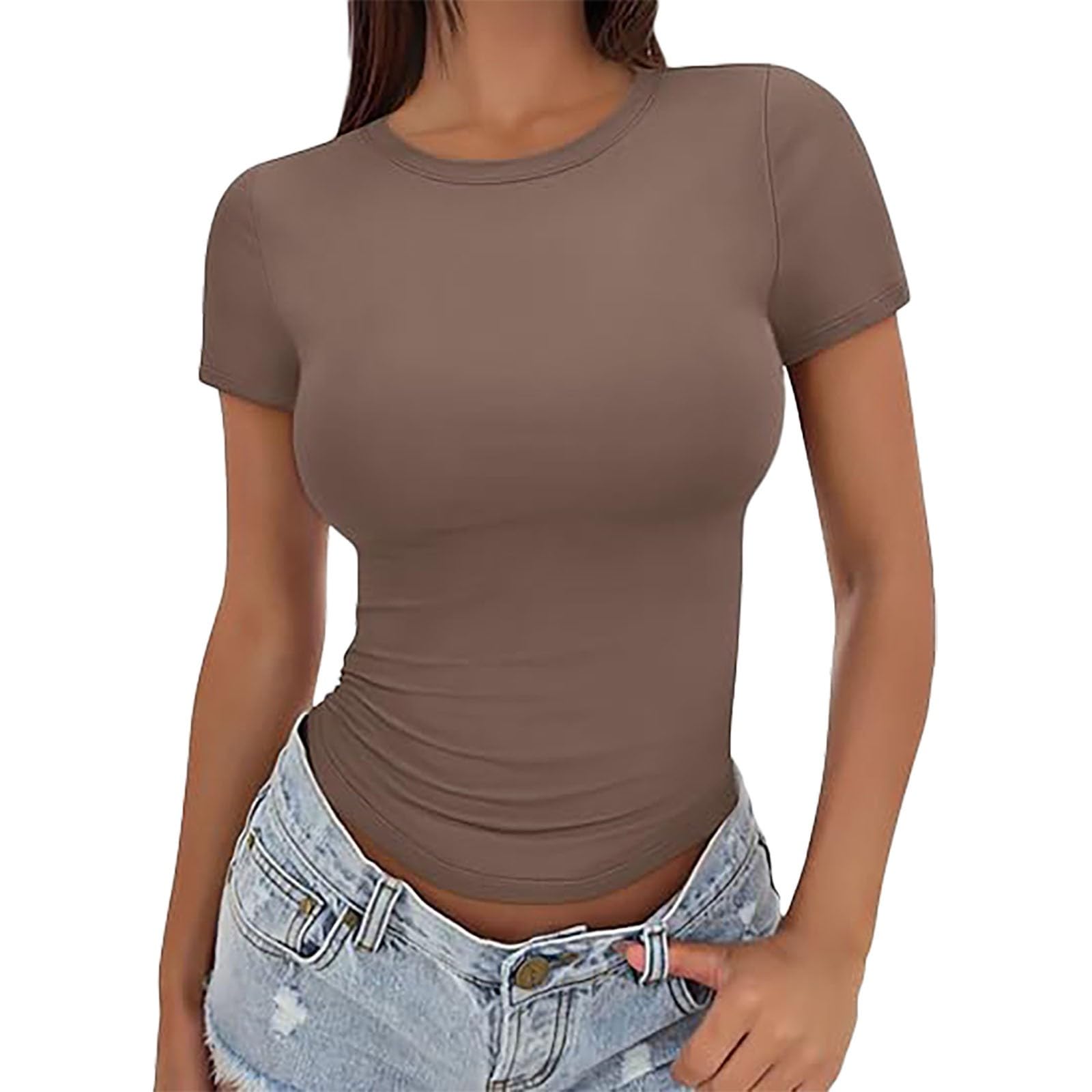 Bodycon Basic Tee Tops, Shirts Stretchy, Tinta unita Slim, Fitted Manica Corta da Donna, Fit Girocollo, Attillante, Extra, Maglietta da donna, morbida, 100% cotone