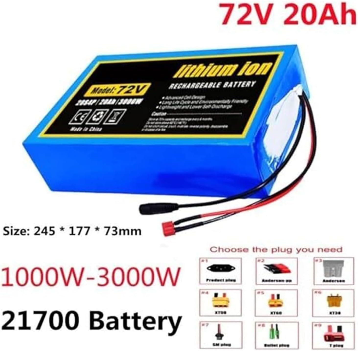 Batteria Agli Ioni Di Litio Per Bici Elettrica 72 V 20 Ah Con Caricabatterie, 20S4P Per Motori Di Biciclette E Scooter Elettrici Da 1000 W ~ 3000 W 72V 20AH,T+DC