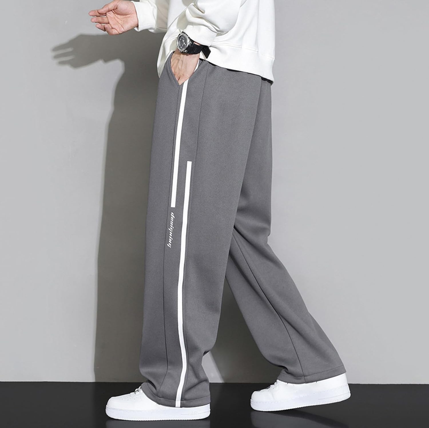 Baggy Pantaloni da jogging da uomo, dritti con strisce laterali, Y2k, alla moda, per skateboard, casual, semplici, pantaloni chino con elastico in vita, leggeri e larghi