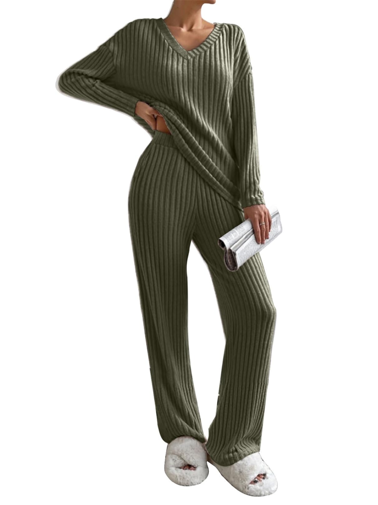 Tuta Donna 2 Pezzi Set Maniche Lunghe con Scollo a V e Pantaloni a Gamba Larga con Tasche Casual Completo Sportiva Set Pigiama a Costine Tuta da Ginnastica,da Jogging,da Casa