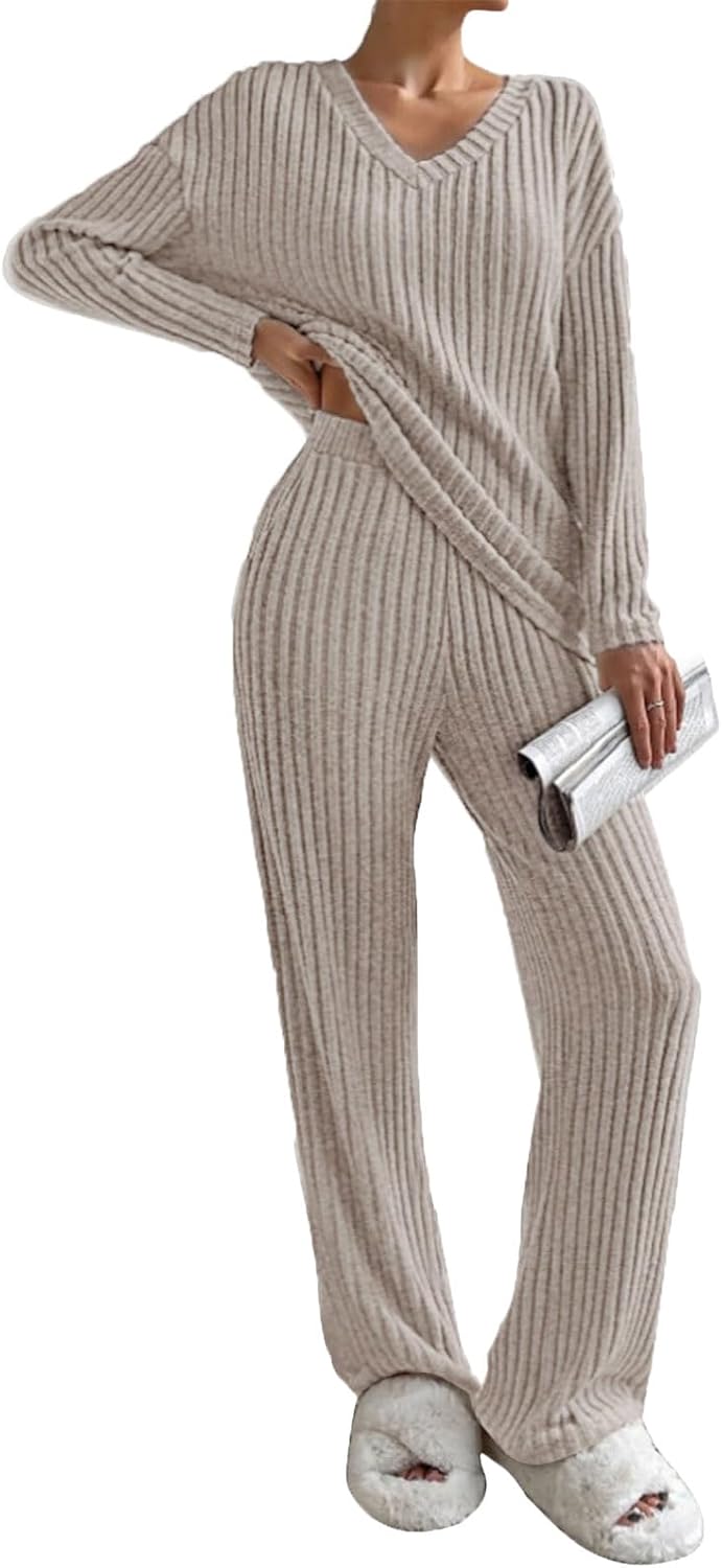 Tuta Donna 2 Pezzi Set Maniche Lunghe con Scollo a V e Pantaloni a Gamba Larga con Tasche Casual Completo Sportiva Set Pigiama a Costine Tuta da Ginnastica,da Jogging,da Casa