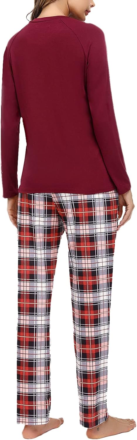 Uniexcosm Pigiama Donna, Pigiama a Quadri Donna Lungo Pigiama da Donna Cotone Leggero con Girocollo Pigiama 2 Pezzi Donna con Tasca Sciolto Accogliente per Casa e Casuale