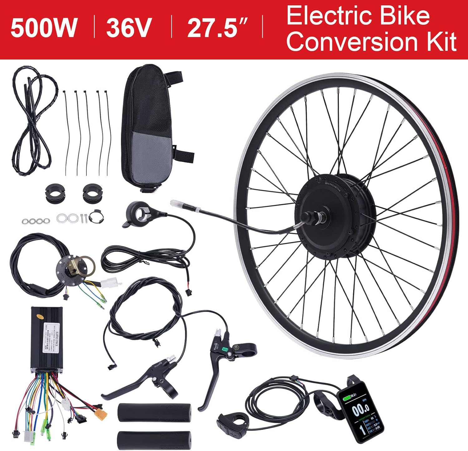 Kit di conversione per bicicletta elettrica, 27,5 pollici, 36 V, 500 W, motoreelettrico, max 35-40 km/h, con display LCD e trazione anteriore