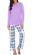 Uniexcosm Pigiama Donna, Pigiama a Quadri Donna Lungo Pigiama da Donna Cotone Leggero con Girocollo Pigiama 2 Pezzi Donna con Tasca Sciolto Accogliente per Casa e Casuale