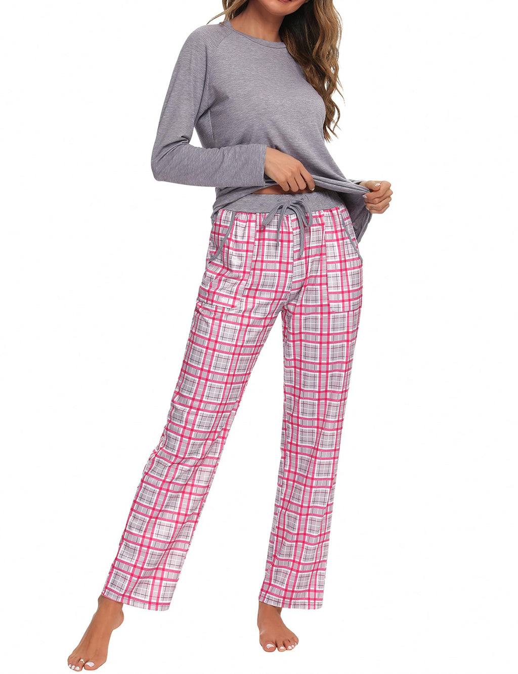 Uniexcosm Pigiama Donna, Pigiama a Quadri Donna Lungo Pigiama da Donna Cotone Leggero con Girocollo Pigiama 2 Pezzi Donna con Tasca Sciolto Accogliente per Casa e Casuale