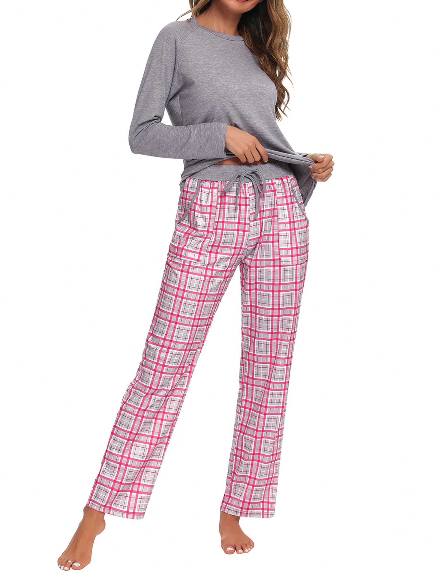Uniexcosm Pigiama Donna, Pigiama a Quadri Donna Lungo Pigiama da Donna Cotone Leggero con Girocollo Pigiama 2 Pezzi Donna con Tasca Sciolto Accogliente per Casa e Casuale