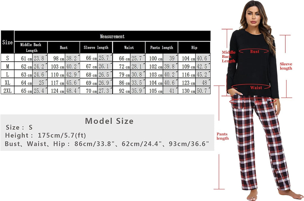 Uniexcosm Pigiama Donna, Pigiama a Quadri Donna Lungo Pigiama da Donna Cotone Leggero con Girocollo Pigiama 2 Pezzi Donna con Tasca Sciolto Accogliente per Casa e Casuale