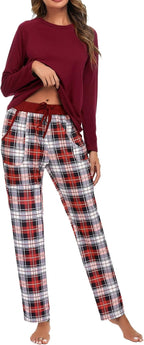 Uniexcosm Pigiama Donna, Pigiama a Quadri Donna Lungo Pigiama da Donna Cotone Leggero con Girocollo Pigiama 2 Pezzi Donna con Tasca Sciolto Accogliente per Casa e Casuale