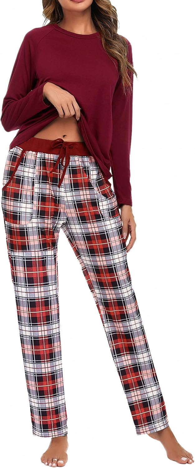 Uniexcosm Pigiama Donna, Pigiama a Quadri Donna Lungo Pigiama da Donna Cotone Leggero con Girocollo Pigiama 2 Pezzi Donna con Tasca Sciolto Accogliente per Casa e Casuale