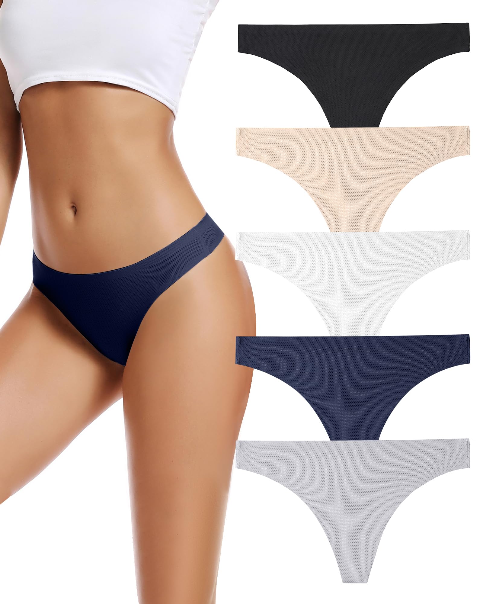 VOENXE Perizoma Mutande Donna Senza Cuciture,Slip Tanga Brasiliana Microfibra,Mutanda Taglio Laser,Seamless Women Thong,Invisibili Intimo Underwear Panties,Perizomi Vita Media Multipack,Pacco da 5