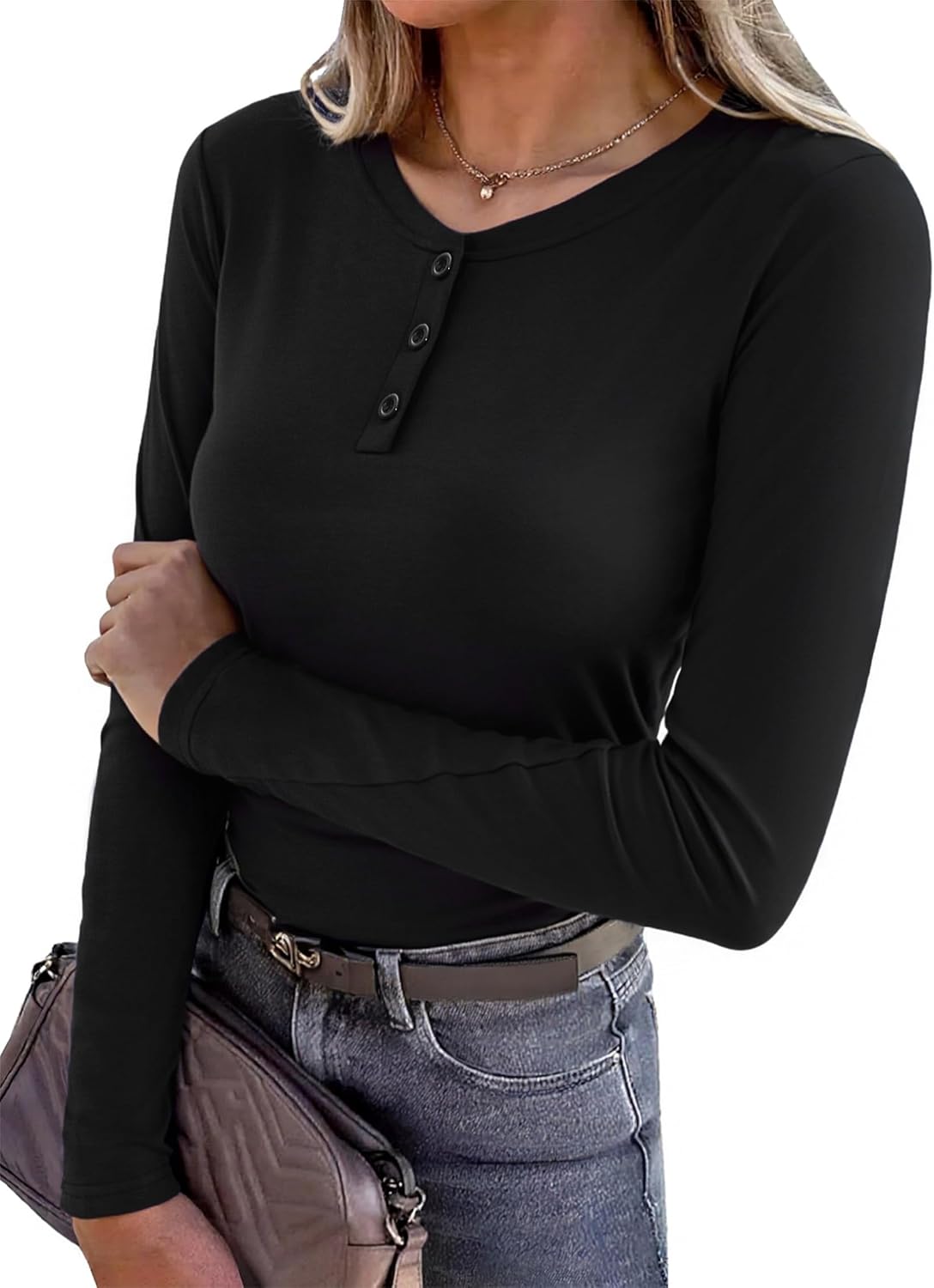 Maglia Donna Elegante Collo Rotondo Slim Fit Maglietta Casual Tshirt Donna Autunno con Il Pulsante Moda Cotone Manica Lunga Maglie Basic Pullover Henley T-Shirt Tunica