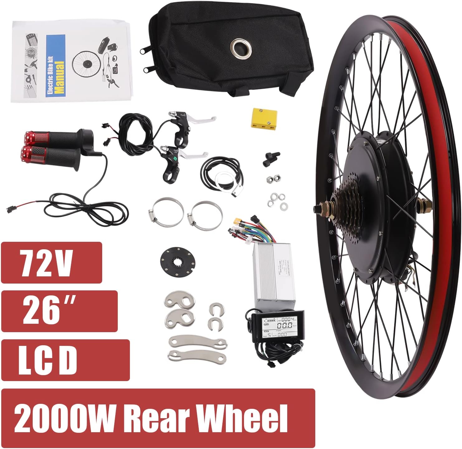 Kit motore ruota posteriore 72V 2000W Kit di conversione per bicicletta elettrica da 26" con display LCD/controller/volano a 9 velocità, kit di conversione motore mozzo ruota posteriore per bici elett