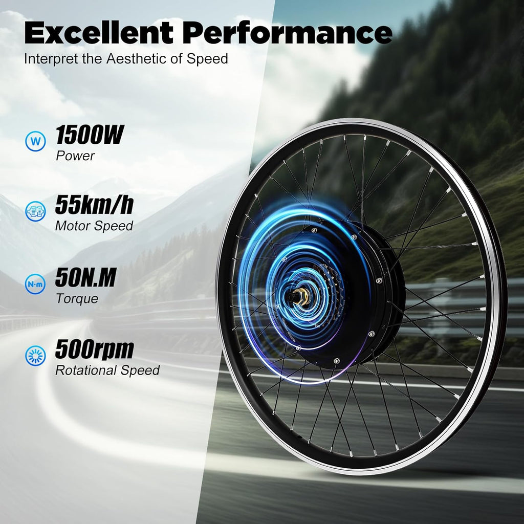 Kit di conversione per bicicletta elettrica, 26 pollici, 48 V, 1500 W, kit di conversione del motore, 55 km/h, display LCD, set di retrofit per bicicletta con 5 velocità regolabili
