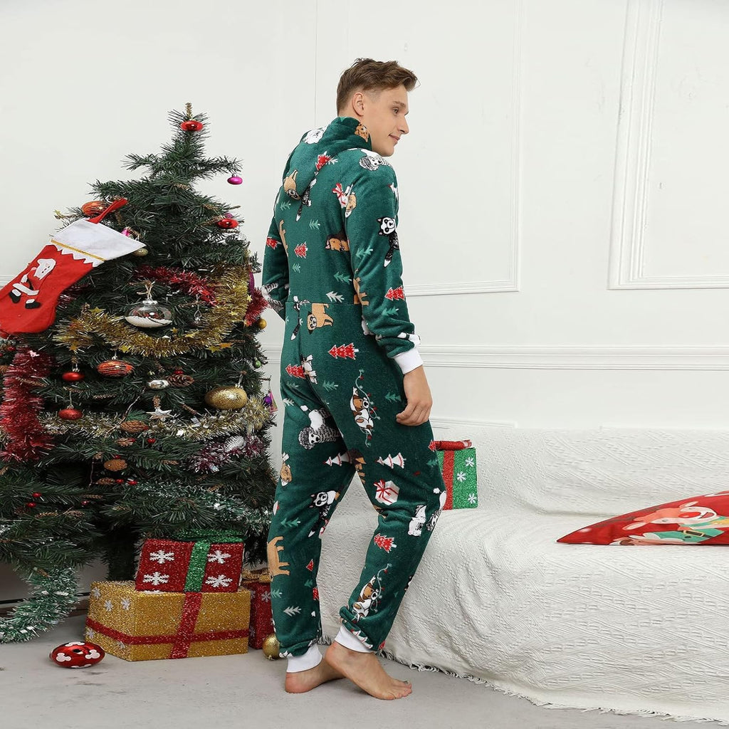 Tutina natalizia da uomo, in flanella, in pile, per la casa, alla moda, a maniche lunghe, pigiama intero invernale, imbottito, termico, per la casa, biancheria da notte