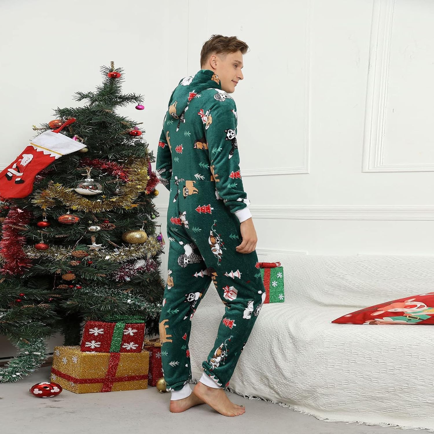 Tutina natalizia da uomo, in flanella, in pile, per la casa, alla moda, a maniche lunghe, pigiama intero invernale, imbottito, termico, per la casa, biancheria da notte