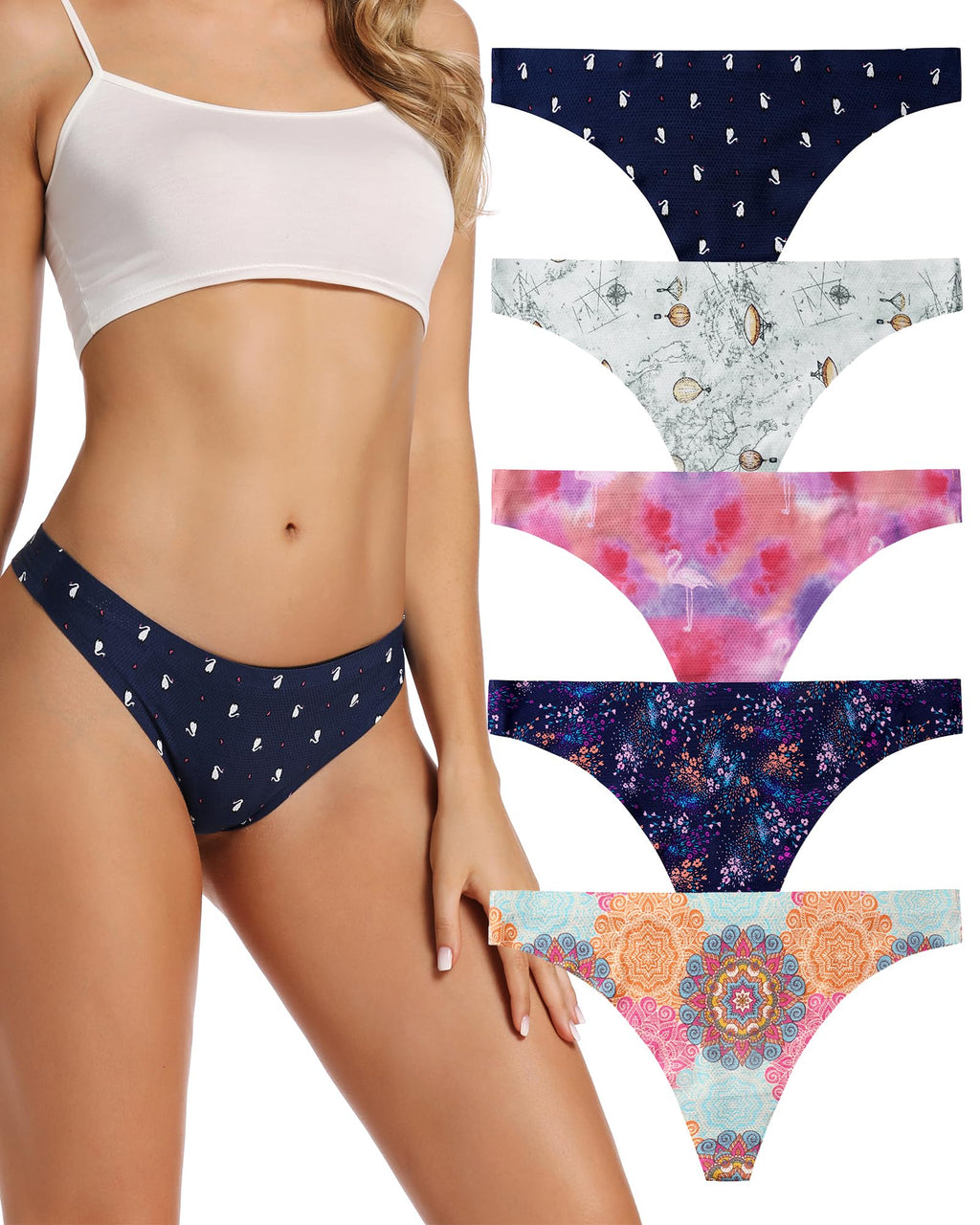 VOENXE Perizoma Mutande Donna Senza Cuciture,Slip Tanga Brasiliana Microfibra,Mutanda Taglio Laser,Seamless Women Thong,Invisibili Intimo Underwear Panties,Perizomi Vita Media Multipack,Pacco da 5