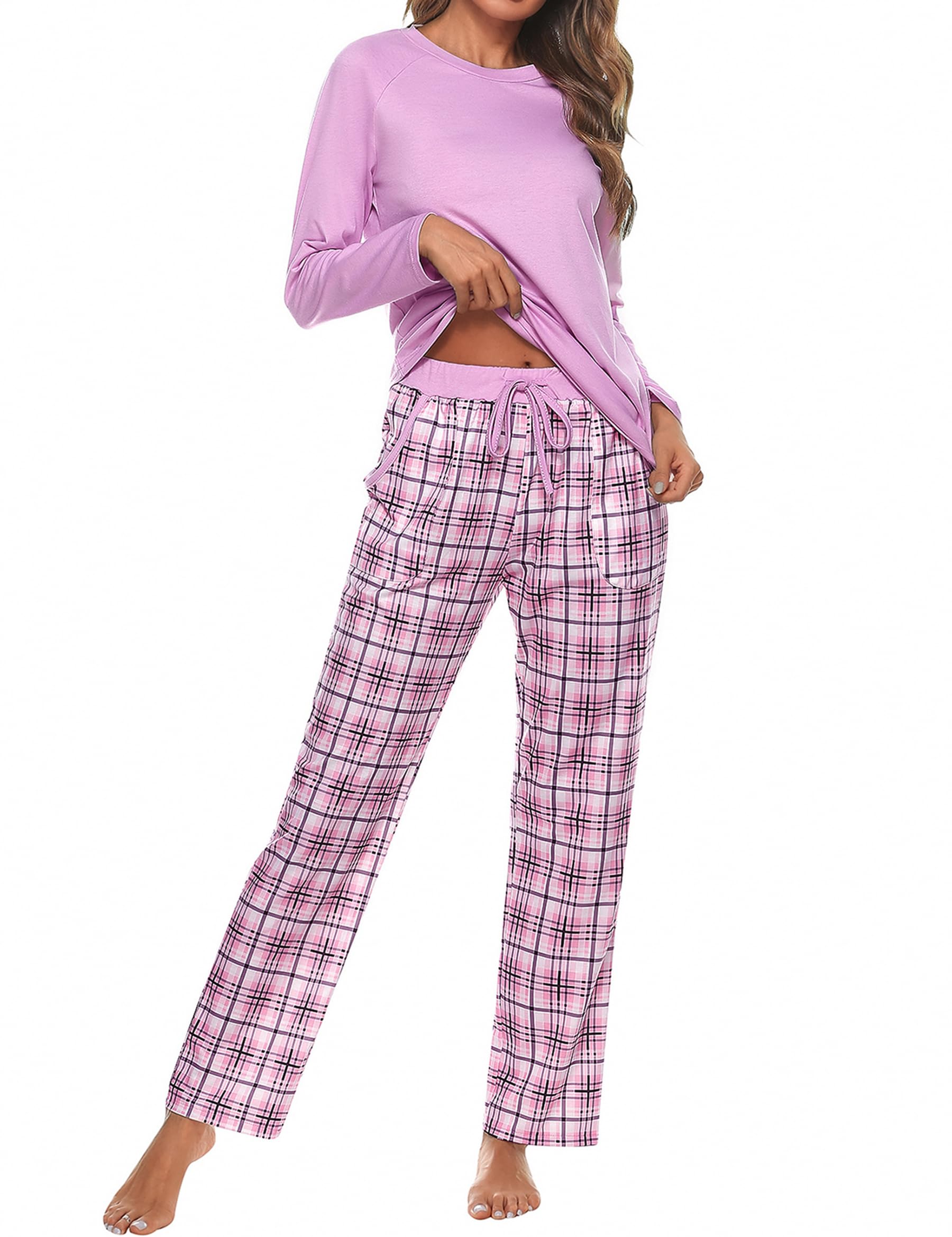 Uniexcosm Pigiama Donna, Pigiama a Quadri Donna Lungo Pigiama da Donna Cotone Leggero con Girocollo Pigiama 2 Pezzi Donna con Tasca Sciolto Accogliente per Casa e Casuale
