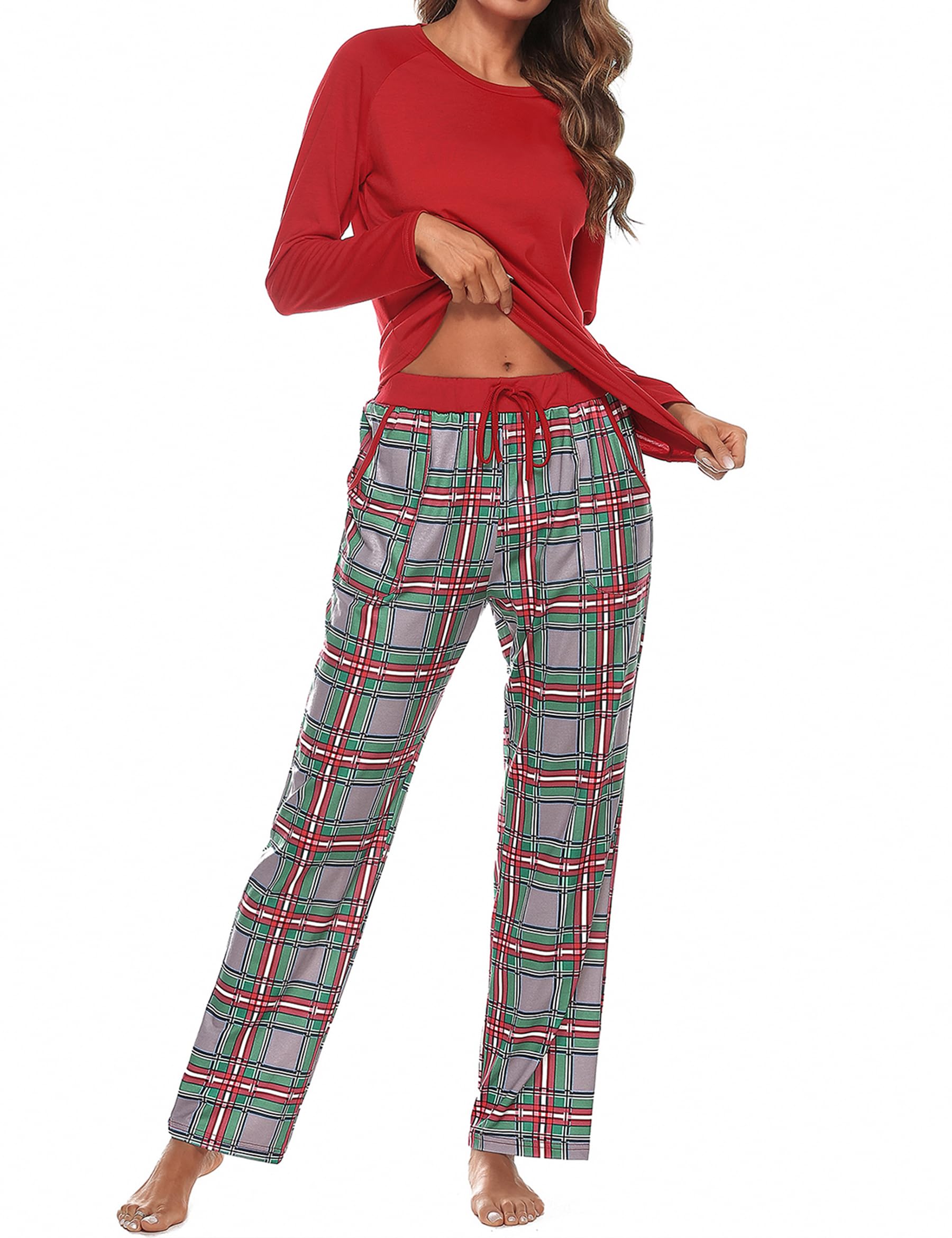 Uniexcosm Pigiama Donna, Pigiama a Quadri Donna Lungo Pigiama da Donna Cotone Leggero con Girocollo Pigiama 2 Pezzi Donna con Tasca Sciolto Accogliente per Casa e Casuale