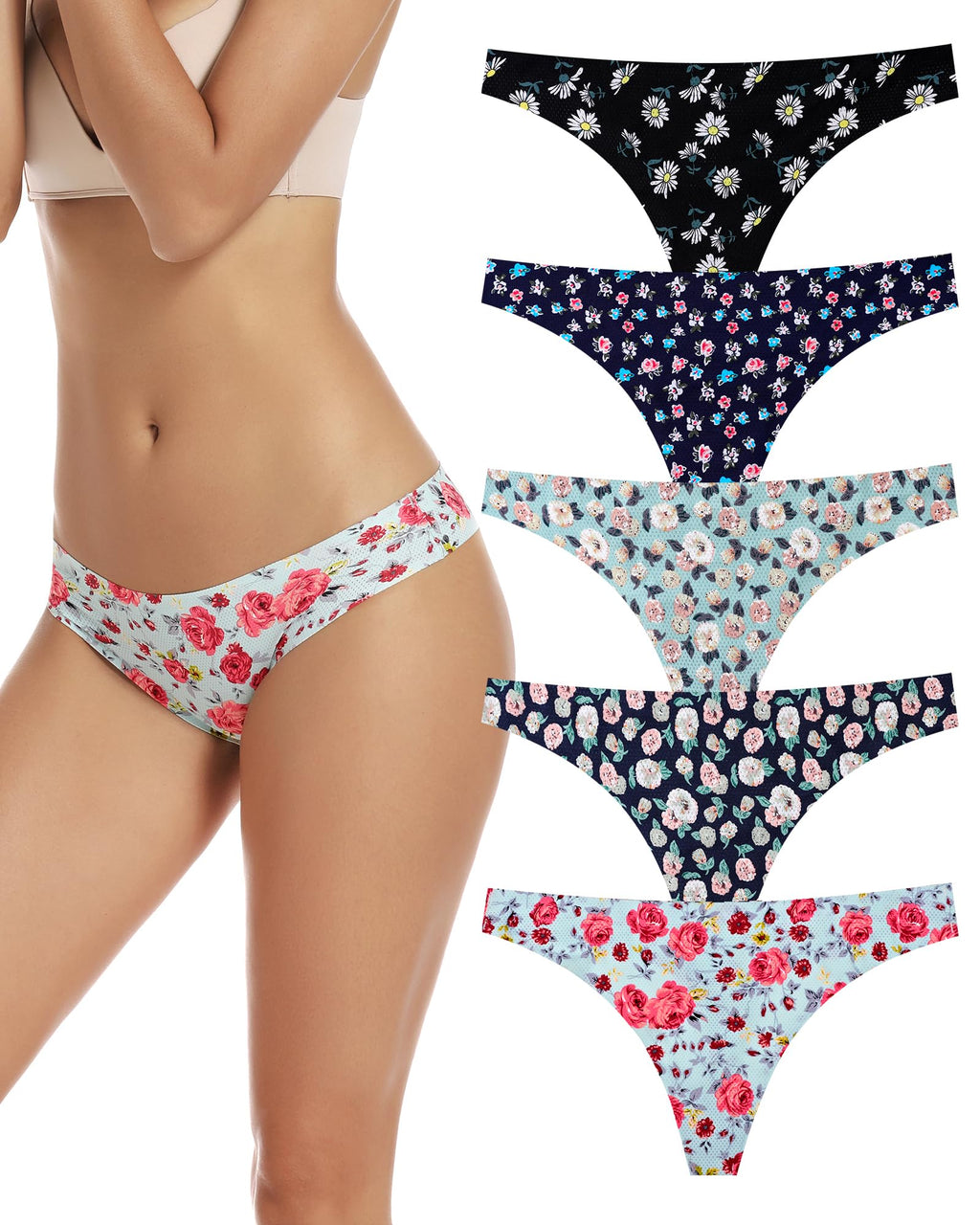 VOENXE Perizoma Mutande Donna Senza Cuciture,Slip Tanga Brasiliana Microfibra,Mutanda Taglio Laser,Seamless Women Thong,Invisibili Intimo Underwear Panties,Perizomi Vita Media Multipack,Pacco da 5