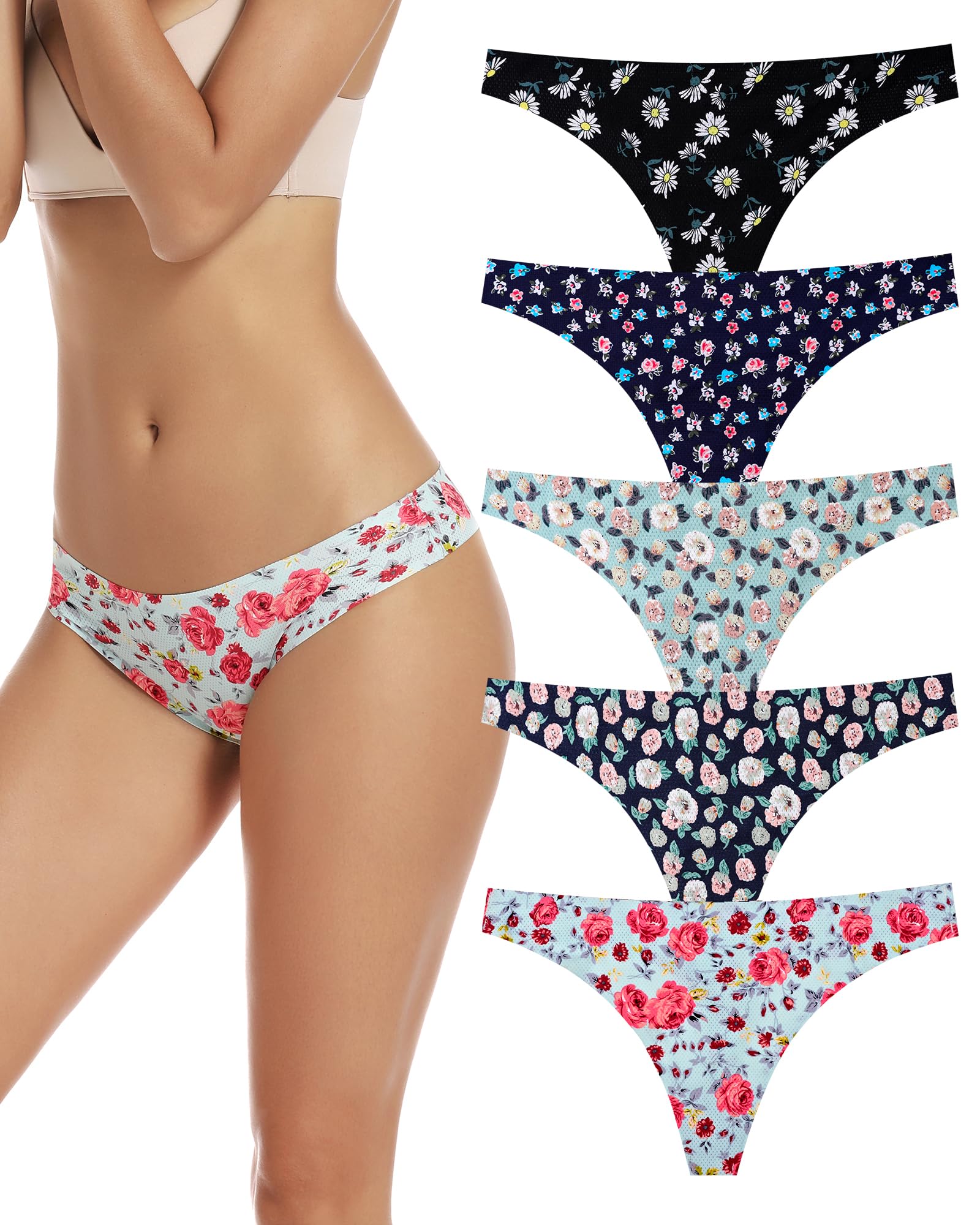 VOENXE Perizoma Mutande Donna Senza Cuciture,Slip Tanga Brasiliana Microfibra,Mutanda Taglio Laser,Seamless Women Thong,Invisibili Intimo Underwear Panties,Perizomi Vita Media Multipack,Pacco da 5