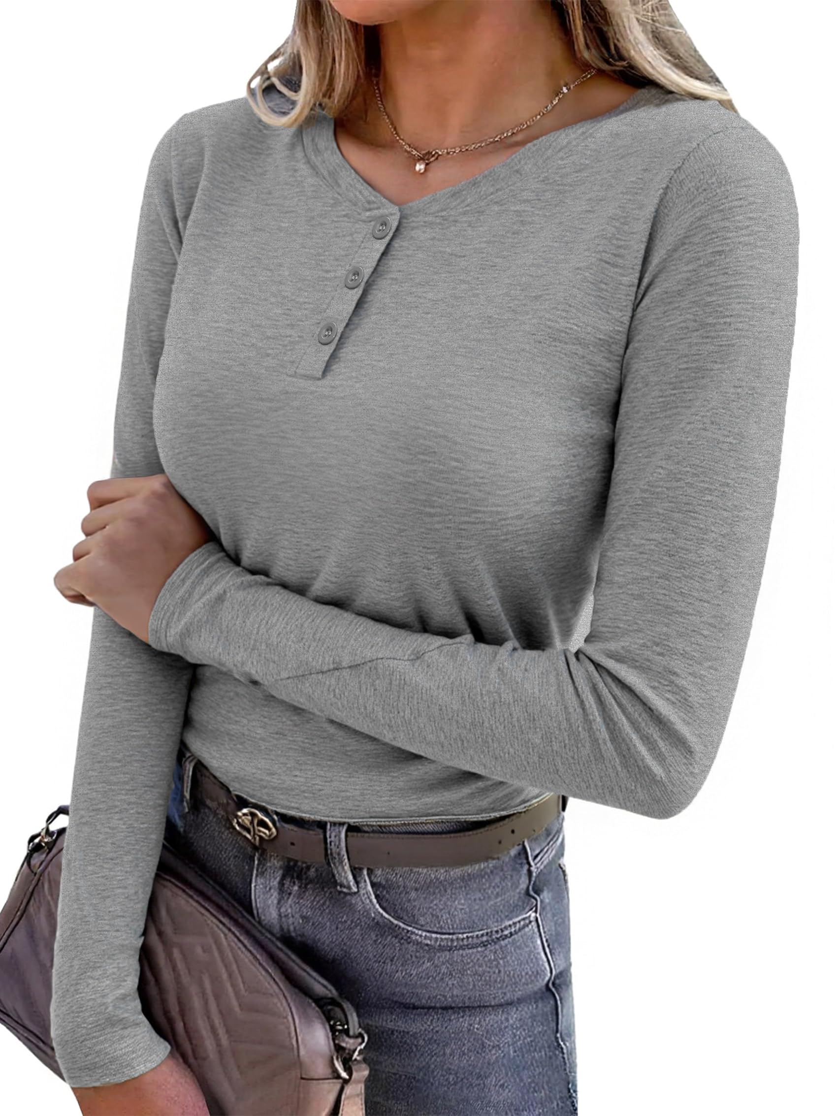 Maglia Donna Elegante Collo Rotondo Slim Fit Maglietta Casual Tshirt Donna Autunno con Il Pulsante Moda Cotone Manica Lunga Maglie Basic Pullover Henley T-Shirt Tunica